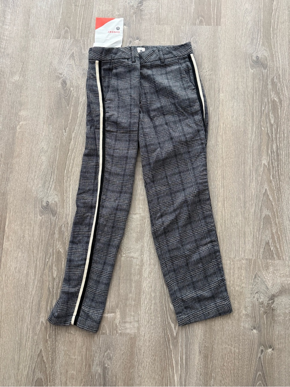NEW Sundry Grey Plaid Pants with Cream & Black Side Stripes